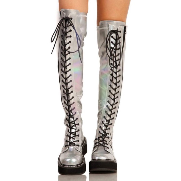 Dolls Kill Shoes Demonia Silver Holographic Combat Boots Poshmark